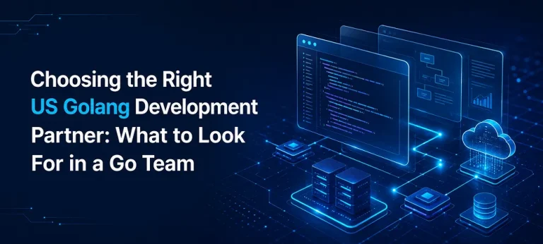 Banner for choosing a US Golang development partner, featuring code screens, cloud infrastructure, servers, databases, and backend architecture.