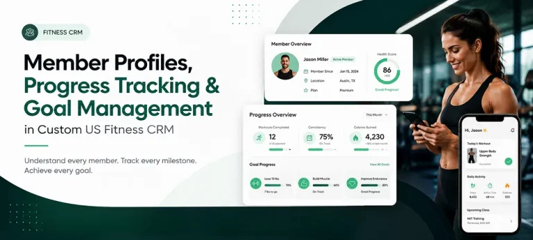 Custom US fitness CRM banner showing member profiles, progress tracking, goal management, health scores, workouts, and mobile fitness activity data