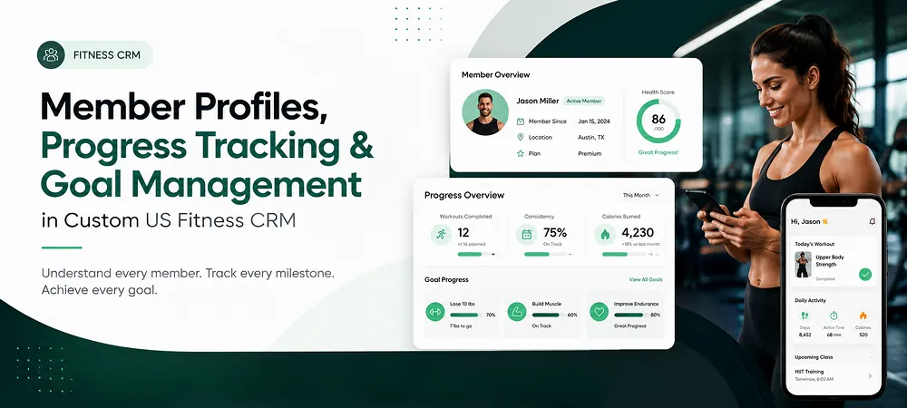 Custom US fitness CRM banner showing member profiles, progress tracking, goal management, health scores, workouts, and mobile fitness activity data