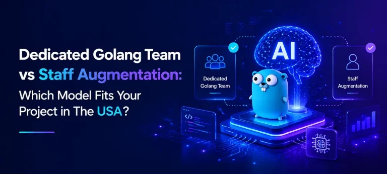 Banner comparing a dedicated Golang team and staff augmentation for US software projects, featuring the Go mascot, AI brain, and coding graphics.