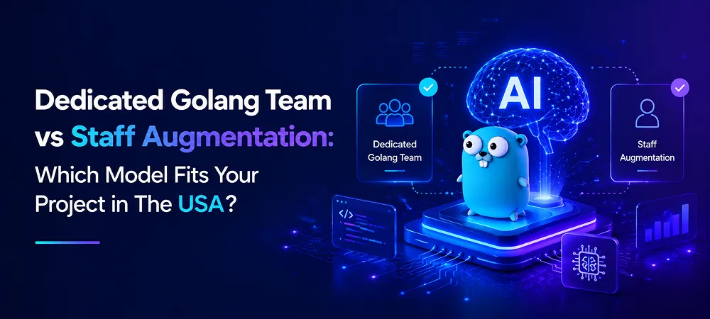 Banner comparing a dedicated Golang team and staff augmentation for US software projects, featuring the Go mascot, AI brain, and coding graphics.