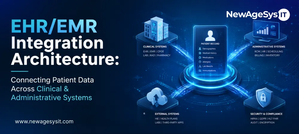 EHR/EMR Integration Architecture: Connecting Patient Data Across Clinical & Administrative Systems 1 Banner for blog post "EHR/EMR Integration Architecture: Connecting Patient Data Across Clinical & Administrative Systems" featuring healthcare data integration with EHR, EMR, CPOE, lab, radiology, pharmacy, external systems, HIE, health plans, and security compliance (HIPAA, GDPR, HL7 FHIR, audit, encryption). NewAgeSysIT provides EHR/EMR integration architecture with HL7 FHIR, SMART on FHIR authorization, bidirectional sync, data normalization, and HIPAA-compliant clinical-administrative system connectivity for US healthcare platforms.