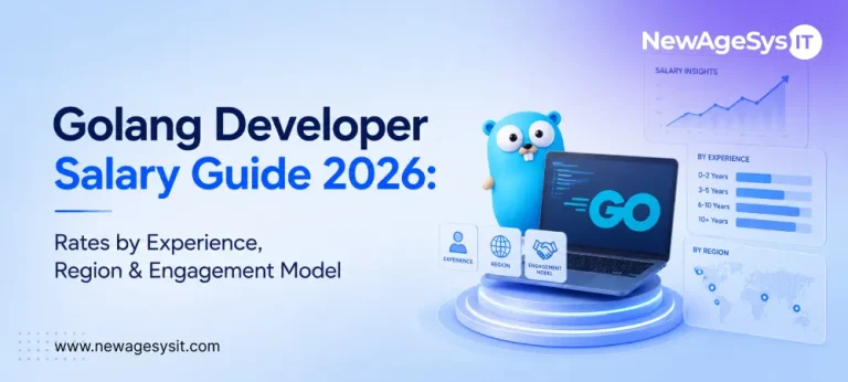 NewAgeSysIT banner for the 2026 Golang developer salary guide, showing rates by experience, region, and engagement model with Go graphics.