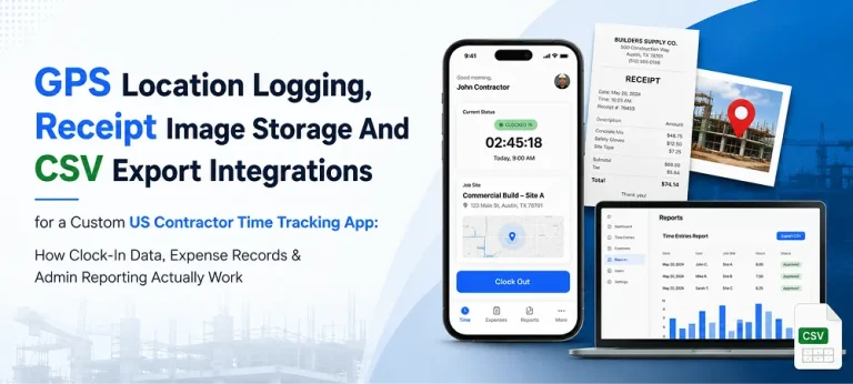 GPS location logging, receipt storage and CSV export banner for a US contractor time tracking app with clock-in, expenses and admin reporting.