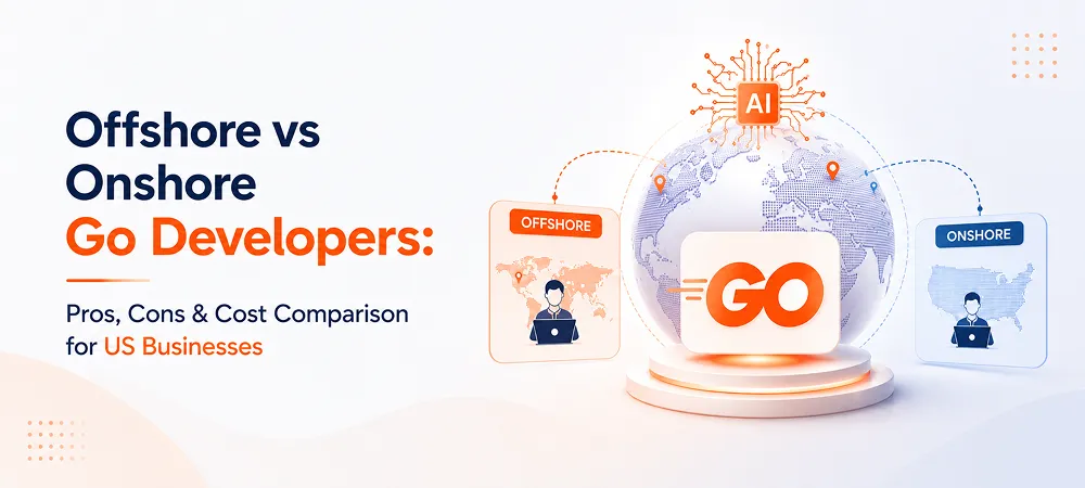 Banner comparing offshore and onshore Go developers for US businesses, featuring a global map, AI chip, Go logo, and developer cards.