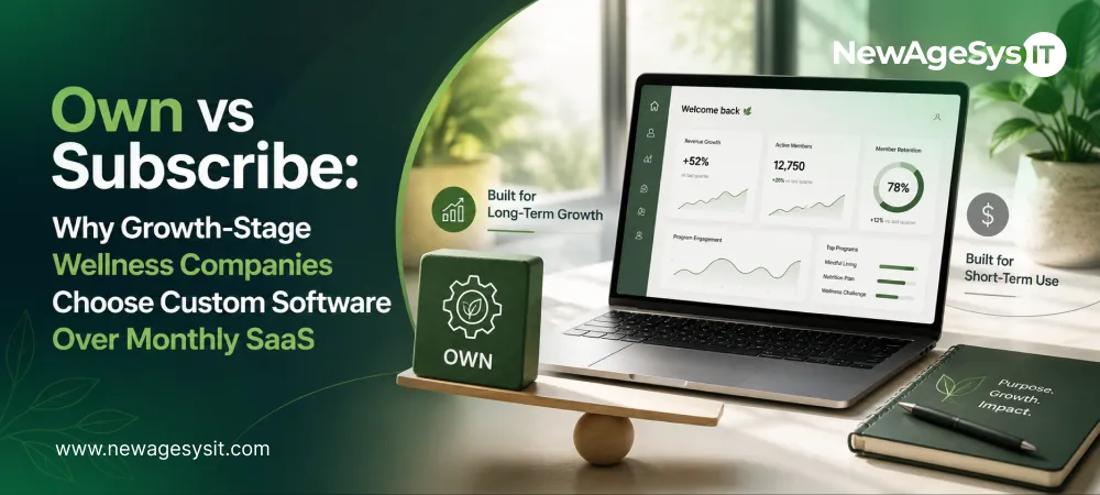 Banner for blog post "Own vs Subscribe: Why Growth-Stage Wellness Companies Choose Custom Software Over Monthly SaaS" featuring custom software ownership versus SaaS subscription comparison for wellness businesses with growth-stage scalability. NewAgeSysIT provides custom wellness software development with branded client apps, proprietary data models, and integration capabilities for US wellness companies.