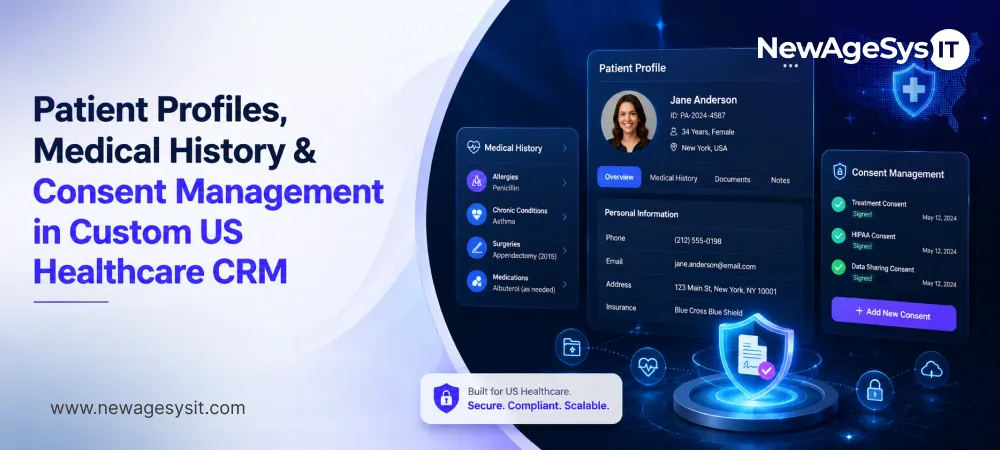 Banner for blog post "Patient Profiles, Medical History & Consent Management in Custom US Healthcare CRM" featuring patient profile interface with personal information, medical history, documents, notes, and consent management (Treatment Consent, HIPAA Consent, Data Sharing Consent). NewAgeSysIT provides custom healthcare CRM with HIPAA-compliant patient profiles, digital consent management, role-based access, and audit-ready patient data architecture for US healthcare practices.