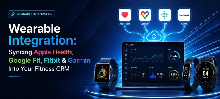 Wearable integration banner showing Apple Health, Google Fit, Fitbit and Garmin syncing fitness data into a custom CRM dashboard.
