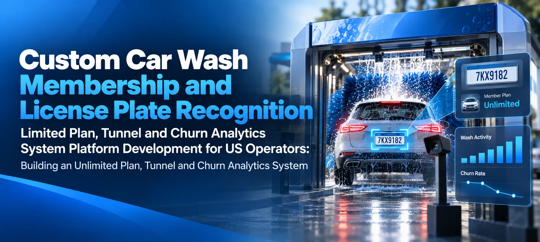 Custom car wash membership and license plate recognition software showing automated tunnel access, unlimited wash plans, and churn analytics for US operators.