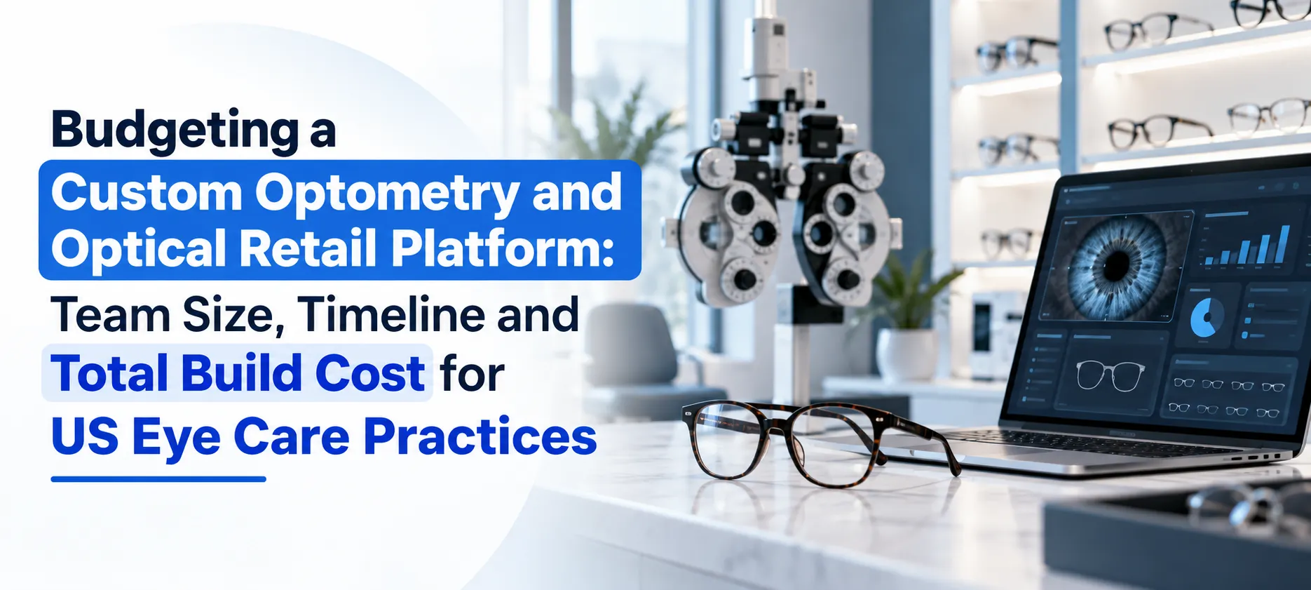 Custom optometry and optical retail software development cost guide for US eye care practices, covering team size, project timelines, and total build costs.