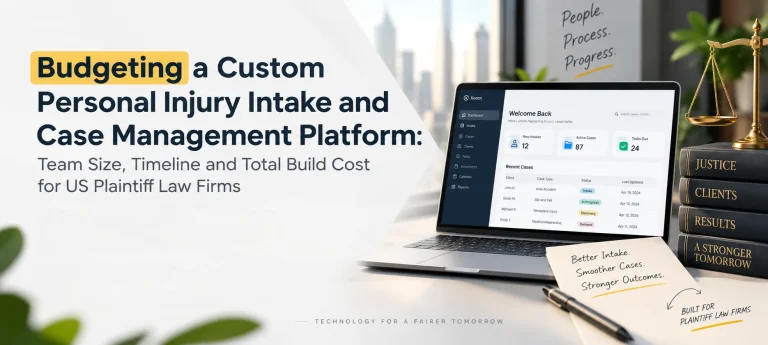 Custom personal injury intake and case management software cost guide showing a legal CRM dashboard, development budgeting, and law firm workflows.