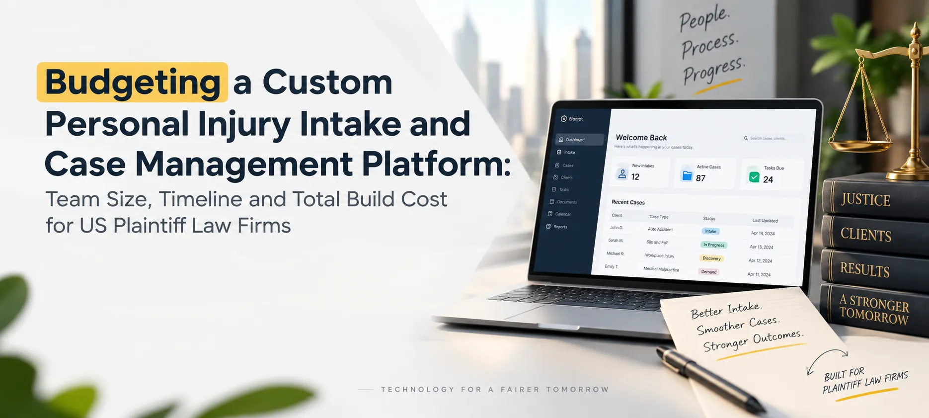 Custom personal injury intake and case management software cost guide showing a legal CRM dashboard, development budgeting, and law firm workflows.