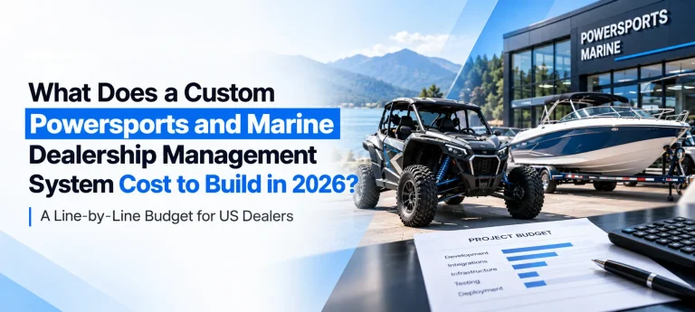 Custom powersports and marine dealership management software cost guide for 2026, featuring a UTV, motorboat, and software development budget breakdown.
