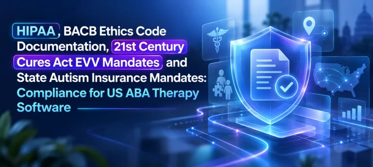HIPAA and ABA therapy software compliance banner showing BACB ethics, EVV mandates, healthcare documentation, and secure digital systems.