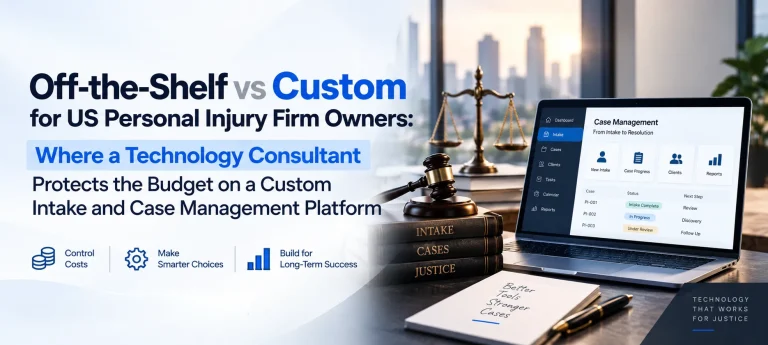 Off-the-shelf vs custom personal injury case management software for US law firms, highlighting technology consulting, cost control, and legal CRM solutions.