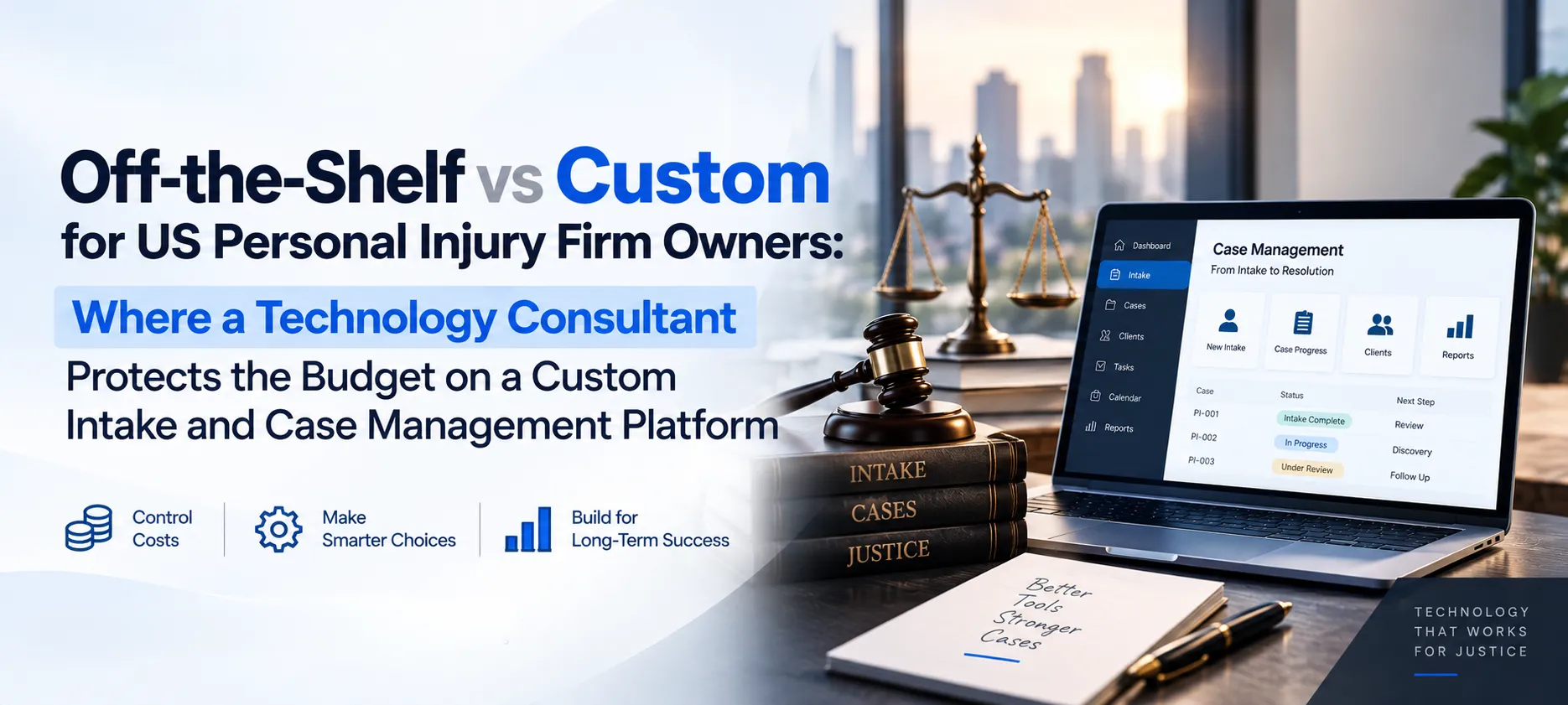 Off-the-shelf vs custom personal injury case management software for US law firms, highlighting technology consulting, cost control, and legal CRM solutions.