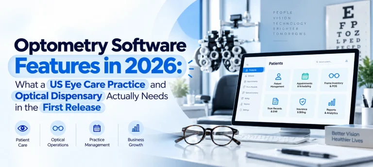Optometry software features for US eye care practices in 2026, showing patient management, appointment scheduling, optical inventory, and billing.