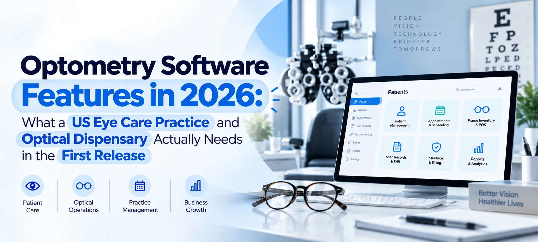 Optometry software features for US eye care practices in 2026, showing patient management, appointment scheduling, optical inventory, and billing.