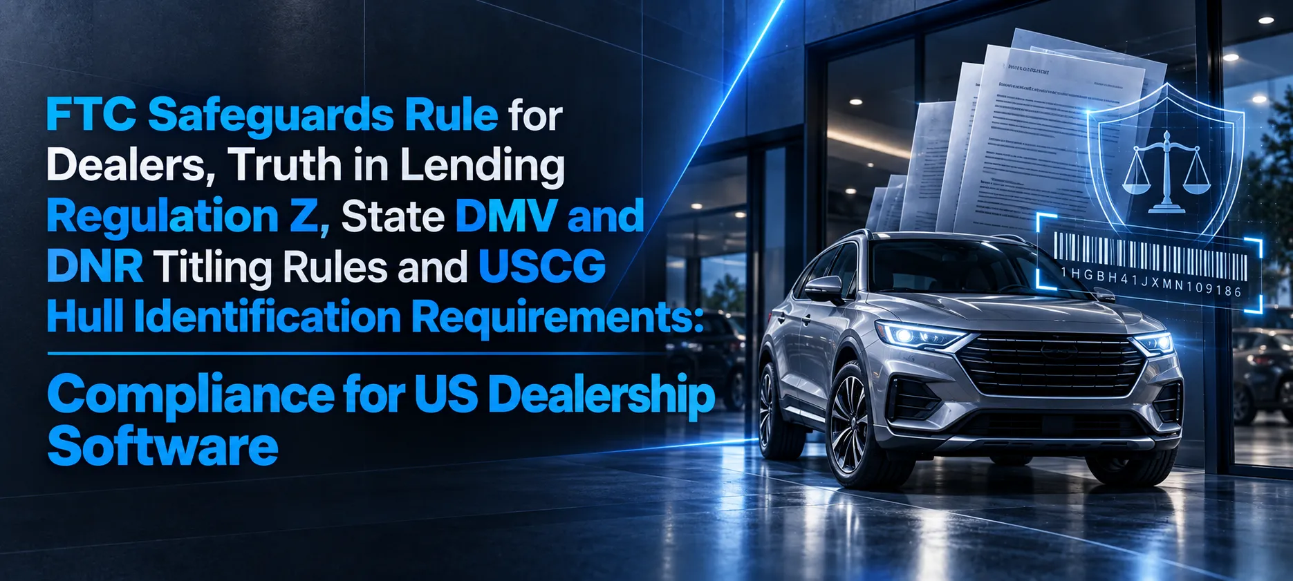 US dealership software compliance banner covering FTC Safeguards Rule, Regulation Z, DMV and DNR titling, and USCG hull identification requirements.