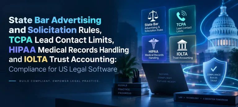 US legal software compliance banner highlighting state bar advertising rules, TCPA lead contact limits, HIPAA medical records, and IOLTA trust accounting.