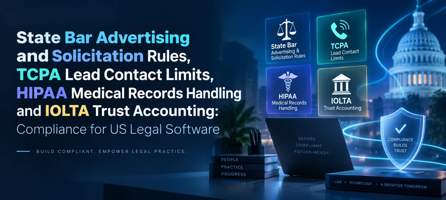 US legal software compliance banner highlighting state bar advertising rules, TCPA lead contact limits, HIPAA medical records, and IOLTA trust accounting.