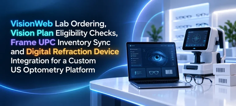 Custom US optometry software integrating VisionWeb lab ordering, vision plan eligibility checks, frame UPC inventory sync, and digital refraction devices.